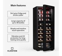 KLARSTEIN Bovella 36 Duo+ Wine Fridge - 36 Bottle Capacity, Dual Zone, 5-18°C, Touch Control, LED Lighting, UV Protection, Quiet, Free-Standing Wine Cooler