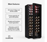 KLARSTEIN Bovella 55 Duo+ Wine Fridge - 55 Bottle Capacity, Dual Zone, 5-18°C, Touch Control, LED Lighting, UV Protection, Free-Standing Wine Cooler
