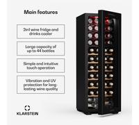 KLARSTEIN Bovella 44 Duo+ Wine Fridge - 44 Bottle Capacity, Dual Zone, 5-18°C, Touch Control, LED Lighting, UV Protection, Quiet, Free-Standing Wine Cooler