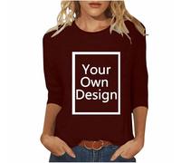 Wine Custom T Shirt Women Plus Size Summer Tops Personalised T Shirts Customize Your Own Shirt Personalised Text and Image 3/4 Sleeve Tops Round Neck Tunic Funny Shirts