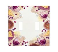 Wine Glass Double Light Switch Cover Plate, Rustic Elegant Cheese Grapes Fall Violet Plastic Standard Size Decorative Wall Plates for Home Living Room New Apartment Decor