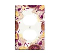 Wine Glass Duplex Outlet Covers Wall Plate, Rustic Elegant Cheese Grapes Fall Violet Plastic Standard Size Decorative Receptacle Outlet Covers for Bedroom Bathroom Kitchen Entrance Decor