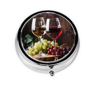 Wine Glass Fruit Grapes Round Pill Box with 3 Compartments, Mini Metal Pill Organizer for Purse or Pocket, Lightweight Portable for Daily Use Gifts Travel