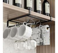 Wine glass holder, Stemware Racks Under Cabinet, Cup Holder Metal Mug Hanger Without Drilling with 4 Hooks Holders Hanging Champagne Goblet Rolling Paper Opener for Bar Kitchen, Black