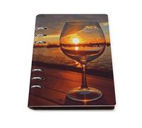 Wine Glass in The Sunset A5 Loose Leaf Notebook, Premium PU Leather Refillable 6-Ring Binder Journal, Durable Cover Lined Paper Lay Flat Design for Writing Journaling and Organization