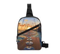 Wine Glass in The Sunset Foldable Sport Sling Bag,Lightweight Crossbody Chest Pack with Multiple Pockets,Water-Resistant Polyester Fabric,Compact Travel Daypack