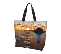 Wine Glass In The Sunset Large Tote Bag For Women, Print Water-Resistant Polyester Shopper Bag With Single Shoulder Strap,Spacious Lightweight Everyday Tote