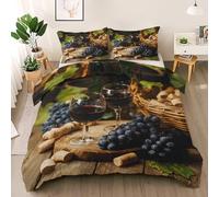 Wine Glass Ultra Soft Duvet Cover Double Size, Wooden Table Bedding Set, Durable & Breathable Grape Green Leave Comforter Cover Set, European Culture All Season Comfort Quilt Bedding Cover
