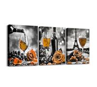 Wine Glasses Canvas Wall Art for Living Room,Orange Rose Framed Wall Art Wine Decor for Kitchen Wall Decorations,Romantic Flowers Paris Eiffel Tower Canvas Artwork Paintings,Black White and Grey