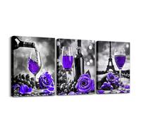 Wine Glasses Canvas Wall Art,Purple Rose Paintings Wall Decor for Bedroom Wine Kitchen Decor Canvas Art Prints,Romantic Flowers Paris Eiffel Tower Pictures Bathroom Wall Decor,Black White and Grey