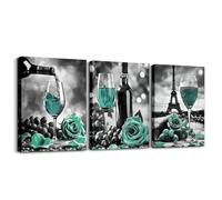 Wine Glasses Canvas Wall Art Set of 3,Turquoise Rose Wall Decor Wine Paintings for Dining Room Canvas Art Prints,Romantic Flowers Paris Eiffel Tower Pictures Bathroom Wall Decor,Black White Grey