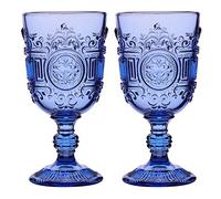 Wine Glasses Set of 2 Blue Embossed 300ml Drinking Goblets Alfresco Dining Glassware