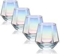 Wine Glasses Set of 4 (10 Oz), Stemless Wine Glass for Red and White Wine, Iridescent Diamond Shaped Glassware for Whiskey, Cocktail, Gift for Anniversary, Wedding, Housewarming, Birthday