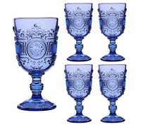 Wine Glasses Set of 4 Blue Embossed 300ml Drinking Goblets Alfresco Dining Glassware