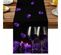 Wine Glasses Table Runner, Purple Roses Romantic Candlelight Modern Black Cotton and Table Linen Runner for Kitchen Dining Home Decor for Party Festival Holiday Decoration Gift 13x48in