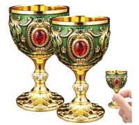 Wine Goblet Set of 2 Luxurious & Vintage Wine Glasses 30ml Alloy Goblet with Rhinestone Carved Polished European Goblets for Party, Dining, Banquet, Gold + Green