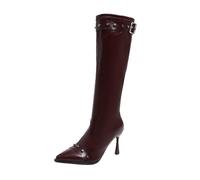 Wine Knee High Boots Women Pointed Toe Studeed Metal Buckle Slim Tall Boot Comfortable Soft Faux Leather Elegant Stiletto High Heel Long Boot Trendy Side Zipper Dress Knee High Boots Gift UK 6.5