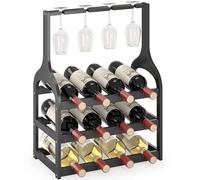 Wine Rack Countertop for 12 Wine Bottles and 4 Glass Holder, Small Bamboo Free Standing Racks Tabletop Display, Wooden Wine Storage Organizer for Cabinet Pantry Kitchen Bar Home Dining Room (Black)