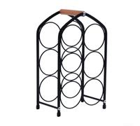 Wine Rack For Six Bottles With Wooden Handle And Iron Frame Featuring Artistic Curved Circles, Designed For Elegant And Practical Countertop Display(B)