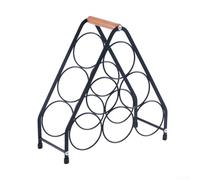 Wine Rack For Six Bottles With Wooden Handle And Iron Frame Featuring Artistic Curved Circles, Designed For Elegant And Practical Countertop Display(A)