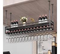 Wine Rack, Hanging Industrial Round Wine Storage Rack with Glass Holder, Ceiling Mount for Bar Kitchen, Upside Down Design, Durable and Space-Saving