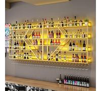 Wine Rack Wall Mounted Bar Shelves with Hanging Wine Glass Rack Liquor Bottle Display Shelf with LED Light Floating Bar for Wine Bottles Whiskey Shelf Alcohol Cabinet for Home Bar Cafe Dining Room(Gol
