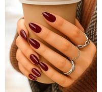 Wine Red Almond Press-On Nails, High-Gloss French Tips, 12 Sizes