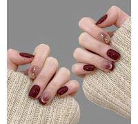 Wine-Red Burgundy Gradient Almond Press On Nails Short Square Elegant Design - Gold Foil Handmade Fake Nails French Tip Glossy Fall Tips Kit 24Pcs For Women Christmas (Wine Gold Elegance)