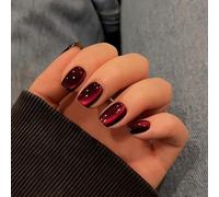 Wine Red Cat Eye Press on Nails Short Square, SXVME Glitter Glue on Nails Sparkly Shiny Fake Nail Press on With Design, Cute Bling Extra Short Coffin False Nail for Women 30 Pcs