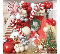 Wine Red Christmas Balloon Arch Garland Kit, Ruby Crimson Red Sand White Metallic Silver Latex Balloons with Large Cane Elk Exploding Star Foil Balloon for Xmas Birthday New Year Party Decorations