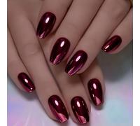 Wine Red Electroplated Press on Nails Medium Square Fake Nails Designs Cherry Red Chrome False Nails Metallic Mirror Full Cover for Women Girls Summer Daily Wearable Manicure Decoration 24Pcs