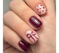 Wine Red False Nails - Cute Stick On Nails - Glossy Burgundy Red Fake Nail With Vivid Dot & Bow - 24pcs Short Square Press On Nails For Festival, Xmas & Valentine’s Day Wear