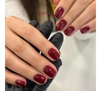 Wine Red False Nails Short, 30Pcs Square Press on Nails, Burgundy Fake Nails, Cherry Red Stick on Nails, Glossy Solid Colour French Nail Tips with Nail Glue for Women Girls