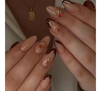 Wine Red French Tip Almond Press On Nails Kit - Handmade False Nails with Gold Lace Floral Decoration Art Stickers & Rhinestones, 24pcs Acrylic Fake for Women Girls Party
