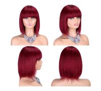 Wine Red Glueless Short Bob Straight Human Hair Wigs with Bangs, Burgundy Non Lace Front Wig for Women Wear and Go 99j Adds Volume(8")