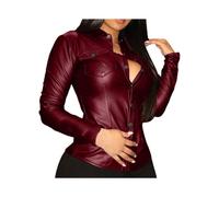 (Wine Red, L) 1Pc Stylish Women Top Turndown Collar Solid Color with Pockets Women Shirt Slim Faux Leather Cool V Neck Blouse for Daily Wear
