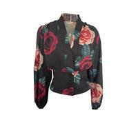 (Wine Red, M) French Style Vintage Cropped Shirt Lantern Long Sleeve Irregular Geometry Print Office Women Shirt V-neck Waist Tight Shirt