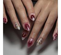 Wine Red Press On Nails Short Square Fake Nails - 24pcs Glossy Cherry French Tip False for Women, Full Cover Manicure Art, Easy Salon Quality at Home, Extra Short Summer Stick On