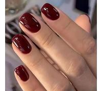 Wine Red Press On Nails Short Square - Glossy High Shine French Style & ABS Material with Jelly Adhesive Tabs, Elegant Full Cover Nails for Daily Wear, Office Style and Parties