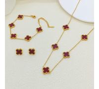 (Wine red suit) Lucky Five-flower Four-leaf Clover Set, jewelry bracelet, versatile and fashionable necklace, Stud earrings, Three-piece set