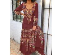 (wine red, Triple Extra Large) "Elegant Floral Print Long-Sleeve U-Neck Dress for Spring & Autumn"