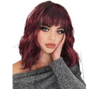 Wine Red Wavy Wig Short Bob Wigs With Air Bangs Shoulder Length Women's Wig Curly Wavy Synthetic Cosplay +Wig Cap
