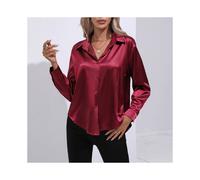 (Wine, S) Summer Satin Shirt Women Short Sleeve Button Up Shirts Ladies Office Loose Silk Shirt Blouse For Women Xx