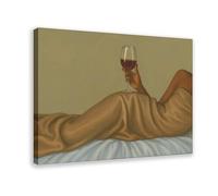 Wine Tasting Poster in Bed - Minimalist Relaxation Aesthetics Canvas Poster Wall Art Decor Print Picture Paintings for Living Room Bedroom Decoration 16" L X 24" W