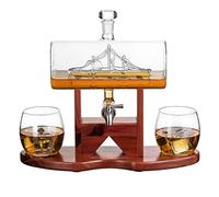 Wine & Whiskey Decanter Set, 1250ml Ship Whiskey & Wine Decanter with 2 Whiskey Glasses and Beautiful Stand Gift for Dad, Husband or Boyfriend - The Wine Savant Whiskey Decanter with 2 Whiskey Glasses
