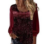 Wine Women's Sequin Square Neck Velvet Tops - Long Sleeve Ladies Sparkly Tops Party Blouses & Shirts Casual Glitter Velour Loose Tunic Tshirt Evening Wear for Christmas