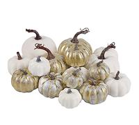 winemana 12 Pcs Golden and White Pumpkins Thanksgiving Pumpkin Decorations Assorted Sizes, Artificial Foam Harvest Autumn Decor, Fake Pumpkins Fall Decorations for Indoor Home Kitchen Table Mantle
