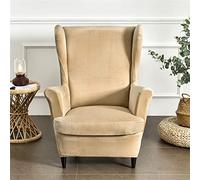Wing Chair Slipcover 2 Piece Set - 2 IN 1 Design Removable Soft Velvet Wingback Chair Covers Armchair Stretch Covers Furniture Protector for Wingback Chairs Living Room Bedroom Hotel (Khaki)
