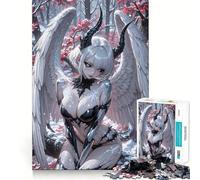 Winged Anime Girl with Horns in Winter Jigsaw Puzzle 1000 Pieces Mental Focus Game Precision Cut Smooth Edges Absorbing Activity for Quiet Nights (50x75cm)