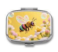 Winged Bee Pill Box with 2 Compartments, Portable Pill Organizer for Pocket or Purse, Decorative Metal Medicine and Vitamins Organizer